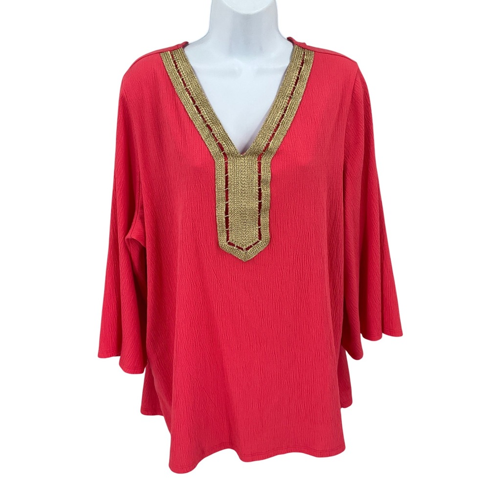 Belle Kim Gravel Tunic Women XL Coral Pink Gold Metallic Trim Boho Bell Sleeve